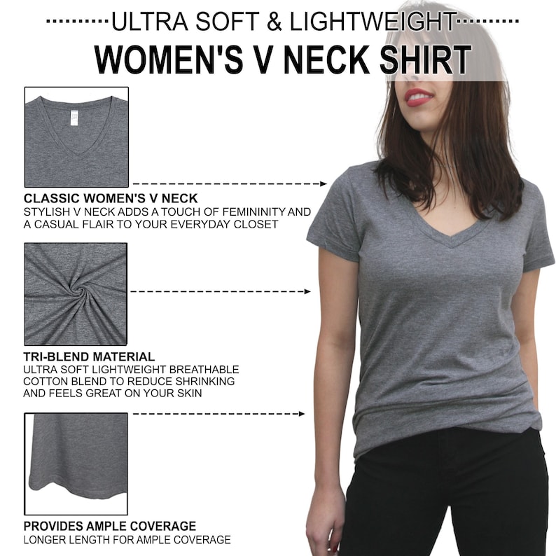 May include: A gray V-neck t-shirt with short sleeves. The shirt is made of a soft, breathable tri-blend material and has a classic V-neck design. The shirt is shown on a model wearing black pants.