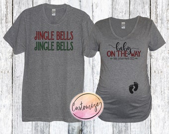 Couples Christmas Pregnancy Announcement Maternity Shirt Jingle Bells Couple Shirt Set, Baby On The Way Christmas Maternity Shirt, Dad To Be