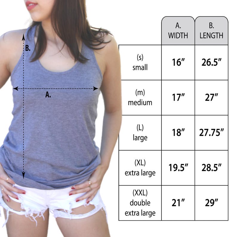Op de afbeelding: Een grijze tanktop met een racerback-ontwerp. De afbeelding bevat een maattabel met afmetingen in inches voor breedte en lengte, vari&euml;rend van small tot double extra large. De maten zijn ook in cm.