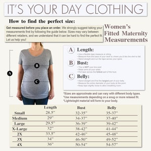 Puede incluir: Un gr&aacute;fico que muestra c&oacute;mo medir para ropa de maternidad. El gr&aacute;fico incluye medidas de longitud, busto y vientre en pulgadas. El gr&aacute;fico tambi&eacute;n incluye tallas desde la XS hasta la 4X.