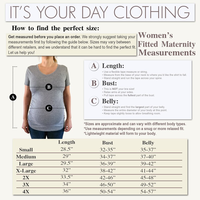 Puede incluir: Un gr&aacute;fico que muestra c&oacute;mo medir para ropa de maternidad. El gr&aacute;fico incluye medidas de longitud, busto y vientre en pulgadas. El gr&aacute;fico tambi&eacute;n incluye tallas desde la XS hasta la 4X.