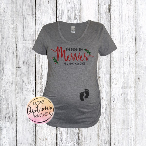 The More The Merrier Pregnancy Shirt, Christmas Maternity Shirt, Christmas Pregnancy Announcement Women's VNeck, Mom To Be Shirt