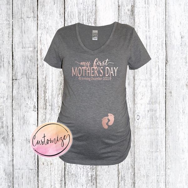 Mother's Day Pregnancy Announcement Shirt Rose Gold, My First Mother's Day Maternity Shirt, Pregnancy Baby Announcement Shirt, Baby Feet Top
