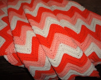 Vintage Chevron ZIG ZAG  Ripple LARGE Queen Size 72"L x 53"W Medium to Heavy Afghan Hand Made ~Orange Coral White ~ New~ Never Used