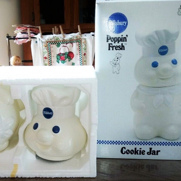 PILLSBURY "Poppin Fresh" Doughboy 1988 Benjamin & Medwin Ceramic Cookie Jar With Box And Packaging