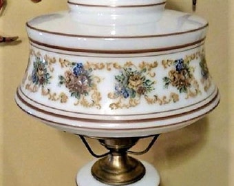 Vintage 1973 QUOIZEL "Abigail Adams Collection" RARE Brown/Blue Floral Hurricane  GWTW Table/Desk/Parlor Lamp / Night Light ~ Med 11" Shade