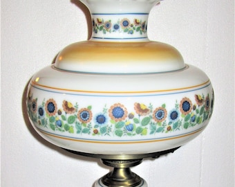 Vintage 1973 QUOIZEL~ Very LARGE 29" Hurricane  GWTW Parlor Table / Desk Lamp / Night Light ~ Sunflower Blue Yellow Floral Design ~Very Rare