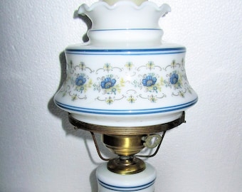 QUOIZEL 1973 "Abigail Adams Collection" Blue Floral Hurricane Table / Desk /Parlor / Bedroom Lamp / Night Light ~ Rare Petite Size