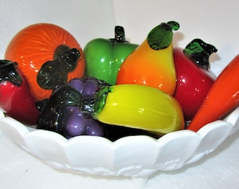 Vintage INDIANA GLASS Heavy White Milk Glass Fruit Bowl/Compote with 8 piece Murano Style Glass Fruits and Vegetables