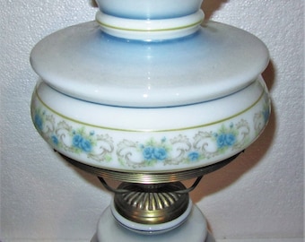 QUOIZEL 1973 "BETSY ROSS Collection" Blue Floral Hurricane Table / Desk /Parlor Lamp /Night Light ~ Small Size ~ Very Rare and Hard To Find!