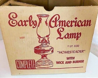 Vintage EARLY AMERICAN Red Ruby Flash HOMESTEADER Oil Lamp P&A Eagle Burner ~ Ruby Red Flash Tip Chimney ~ Never Used ~ Original Box!