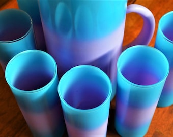 West Virginia Catalina BERMUDA TWIST ~ Blue and Purple/Pink Ombre Fade BLENDO Set Glass Pitcher with (6) Tall  Glasses / Tumblers ~ Nice