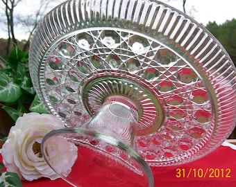 Vintage Footed Pedestal Clear Glass (Cut Design) Cake Plate Stand / Cupcake Stand / Finger Food Plate