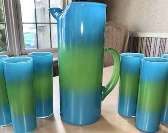 West Virginia Vintage Blue and Green Fade Ombre BLENDO GLASS Martini Cocktail Pitcher Set with (6) Tall Glasses / Tumblers - NICE!