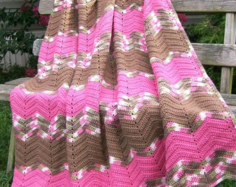 Vintage Chevron ZIG ZAG  Ripple LARGE 48" x 80" Afghan Hand Made Multi Color Rosey Pink, Brown, Ivory & Green