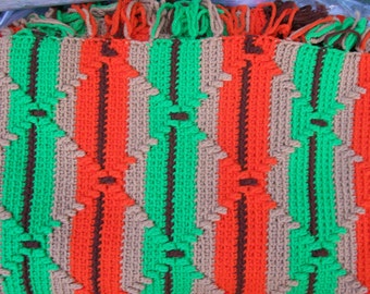 Large Crocheted Handmade Brown, Green, Orange and Tan Color (Western Colors) Striped with Diamond Pattern Afgan  (60" x 75")
