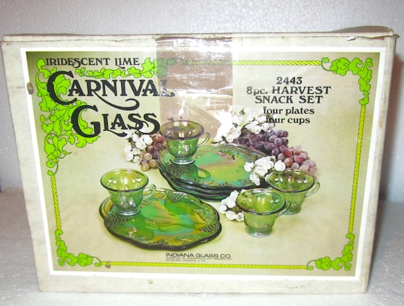 Indiana Glass ( 8 Piece ) Lime Green IRIDESCENT Carnival Glass
