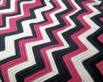 Vintage Chevron ZIG ZAG Ripple LARGE 54"W x 64"L Heavy Afghan Hand Made ~ Pink, Black & Off White~ Good and Plenty Candy Colors ~ Never Used