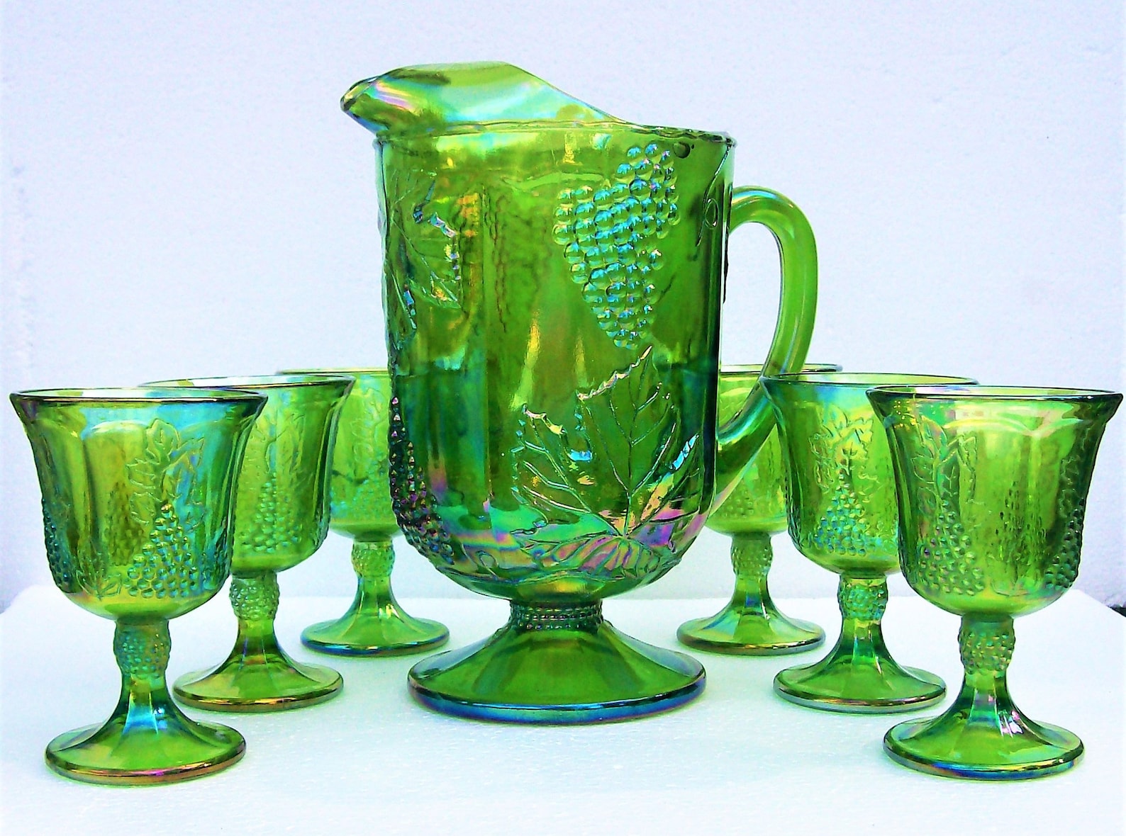Indiana Glass Lime Green Carnival Glass Beverage Set Harvest Grape