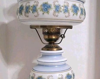 QUOIZEL 1973 "BETSY ROSS Collection" Blue Floral Hurricane Table / Desk /Parlor Lamp /Night Light ~ Medium Size ~Rare and Very Hard To Find!