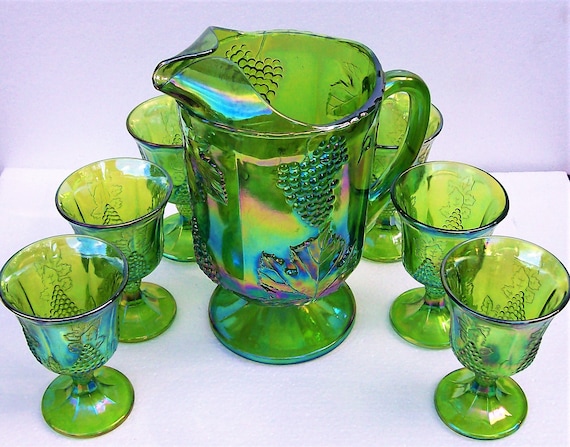 INDIANA GLASS　カーニバルガラス Vintage Indiana Glass Blue Carnival Glass #7446 Punch Bowl Set
