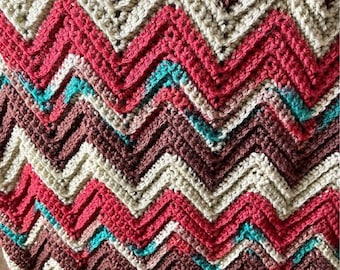 Vintage Chevron ZIG ZAG Ripple 64"L x 40"W Afghan Hand Made ~ Brown Rust Cream & Teal Blue ~ New~ Never Used