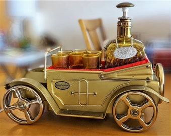 Barware Set ~ GOLD CADILLAC CAR Whiskey Decanter & 6 Amber Colored Shot Glasses With Working Music Box