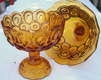 SET OF TWO Vintage L E Smith Amber Moon & Stars Pedestal Compotes/Fruit Bowls/ Candy Dishes