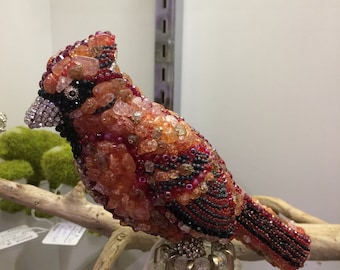 Bedazzled Cardinal with Beads and Rhinestones Original Art Decor for Bird Lover