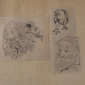 May include: Three black and white line drawings on white paper. The drawings are of a bird's head, a bird, and a man's face.