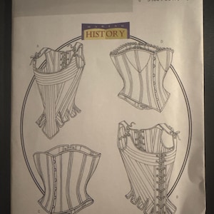 May include: A Butterick sewing pattern, B4254, featuring four corset designs. The pattern includes sizes 12, 14, and 16. The designs are illustrated in black and white, showcasing the construction details. The text "MAKING HISTORY" is also visible.
