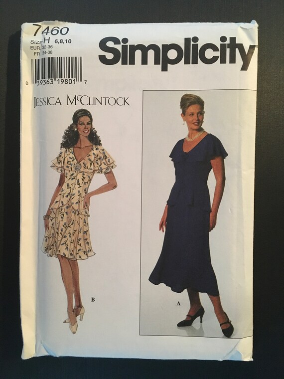 Uncut factory folded Simplicity 7460 dress pattern fit and flare flutter  sleeves capelet collar knee or midi length 1997 Jessica McClintock