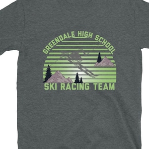 Better Off Dead 80s Movie Short-Sleeve Unisex T-Shirt, Greendale High School Ski Racing Team, Green Retro Sunset Design