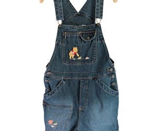 Disney Overalls Women M Winnie the Pooh Embroidered Denim Shortalls 90s Retro