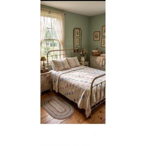 May include: A metal bed frame with a cream-colored quilt featuring a blue and pink diamond pattern. Two pillows with blue stripes rest on the bed. An oval braided rug lies on the wooden floor beside the bed, which is positioned near a window.
