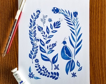 Indigo Folk Bird - Print
