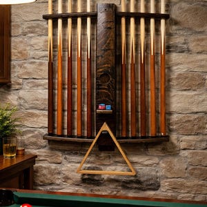 Bourbon Barrel Pool Cue Rack: Handmade Oak Billiard Wall Storage