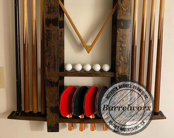pool cue rack / upcycled furniture/whiskey barrel head/ bourbon gifts/whiskey gifts/rec room/whiskey rack
