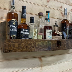 bar shelves/bourbon barrel liquor cabinet/work from home/bar cart decor/wall display cabinet/rustic wall shelf/unique bourbon gifts for men