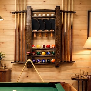 Oak Bourbon Barrel Pool Cue Rack – Rustic Billiard Game Room Storage Organizer