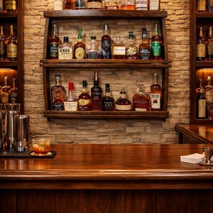 Solid Oak Whiskey Shelf – Authentic Bourbon Barrel Stave Bar Decor – Handcrafted image 2