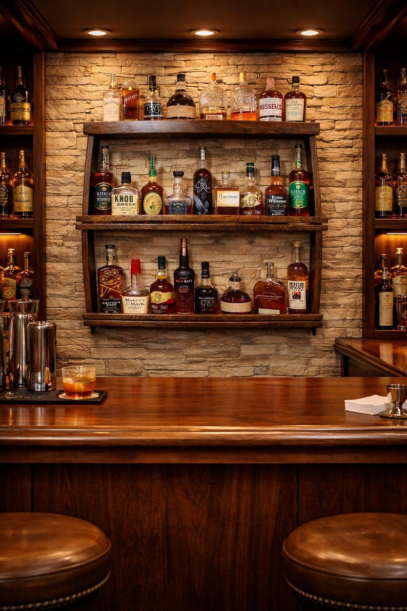 Solid Oak Whiskey Shelf – Authentic Bourbon Barrel Stave Bar Decor – Handcrafted image 2
