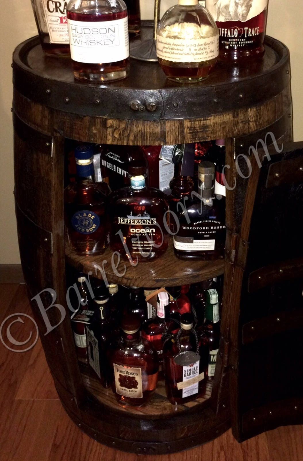 whiskey barrel liquor with double lazy susans. Etsy