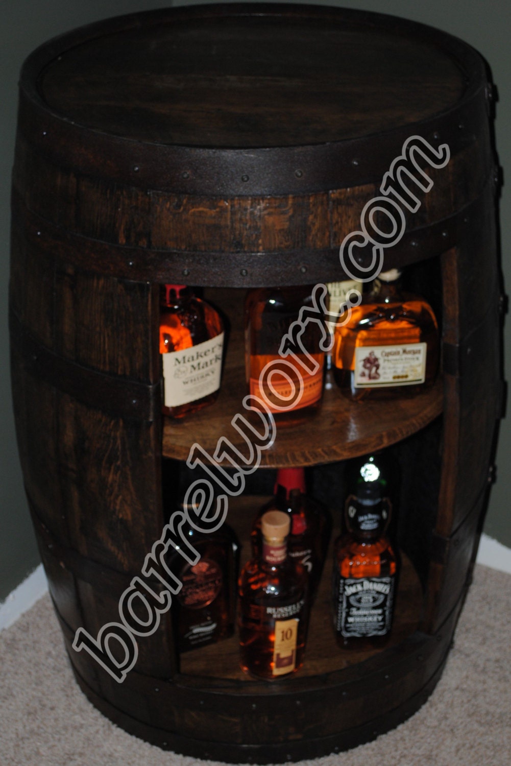 whiskey barrel display liquor with double lazy susan Etsy