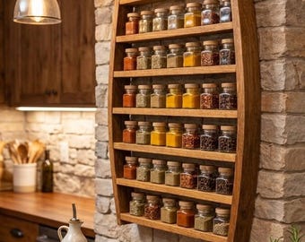 Solid Oak Spice Rack – Reclaimed Bourbon Barrel Stave Shelf, Wall Mounted Pantry Storage
