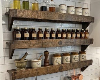Kitchen Shelf Bourbon - Whiskey Barrel Oak Spice Rack - Heavy Duty Floating Ledge - Coffee Station Counter Display