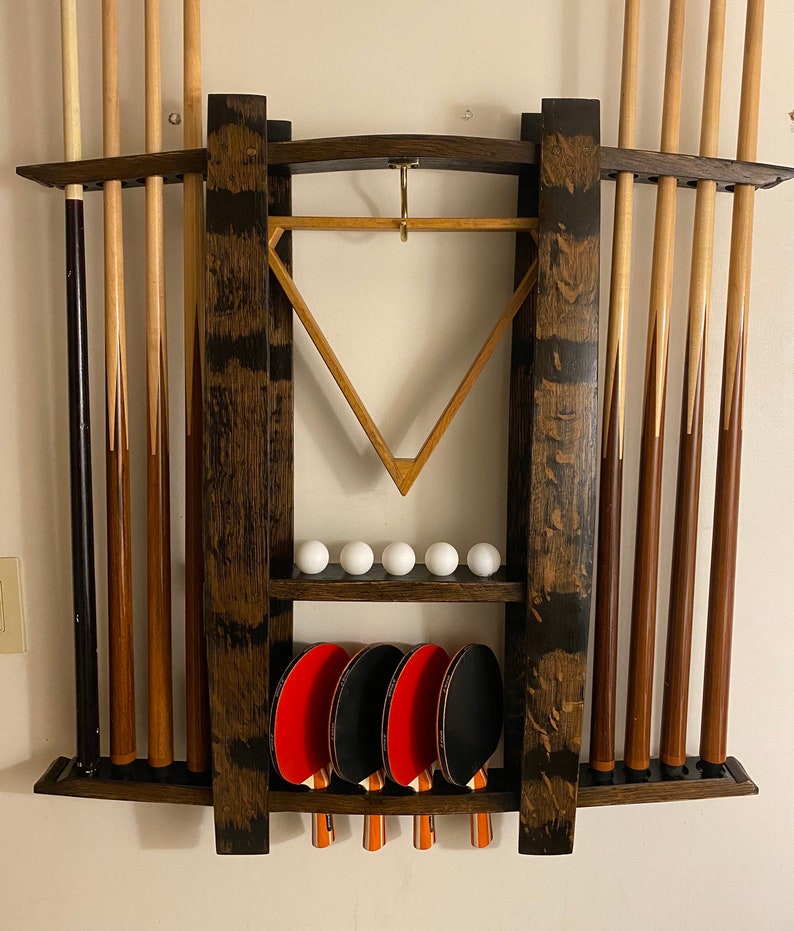 8 ball pool/pool cue rack/ping pong table/distressed furniture/bar furniture/barrel staves/ping pong balls/ rec room/snooker table 