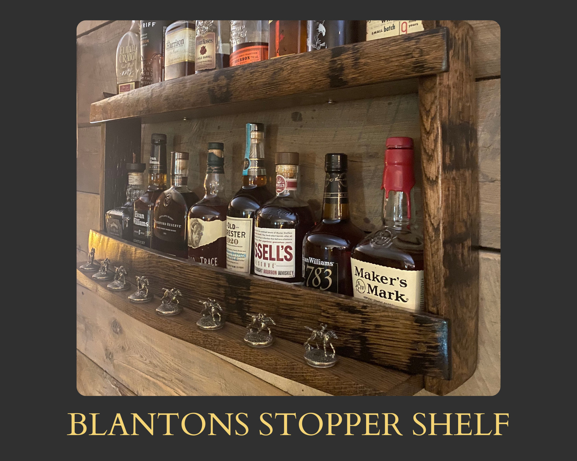 Blantons stopper display/whiskey barrel wood/bourbon glasses