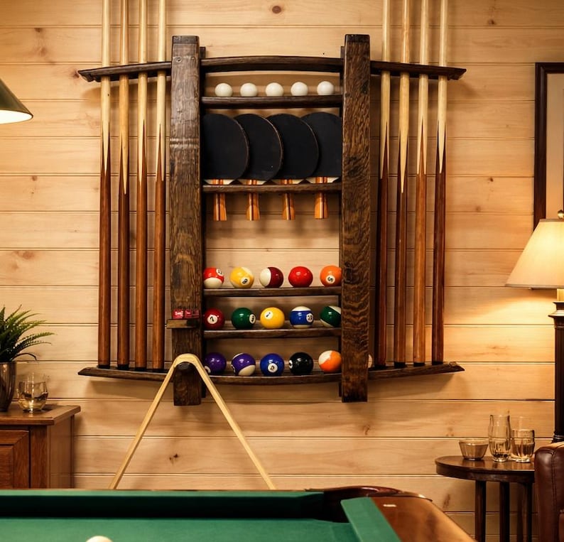 Oak Bourbon Barrel Pool Cue Rack – Rustic Billiard Game Room Storage ...