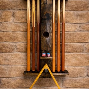Oak Bourbon Barrel Pool Cue Rack – Rustic Billiard Game Room Organizer
